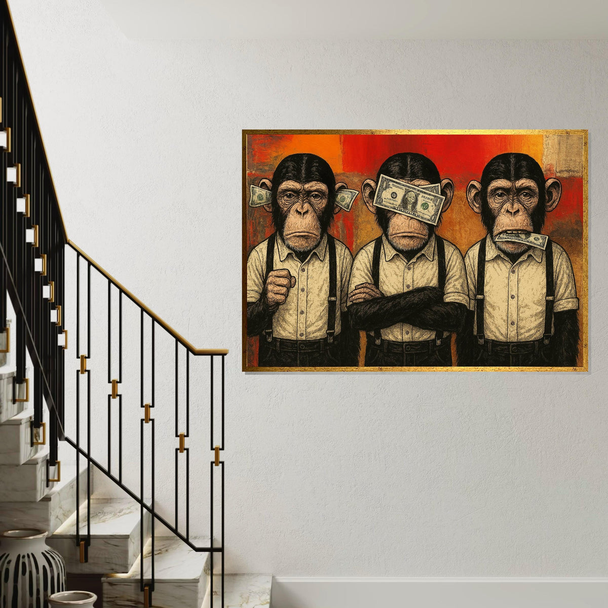 Three Wise Monkeys Canvas, Money Art, Monkey Wall Art, Pop Art Canvas, Wall Art Canvas Design, Ready to Hang Decoration