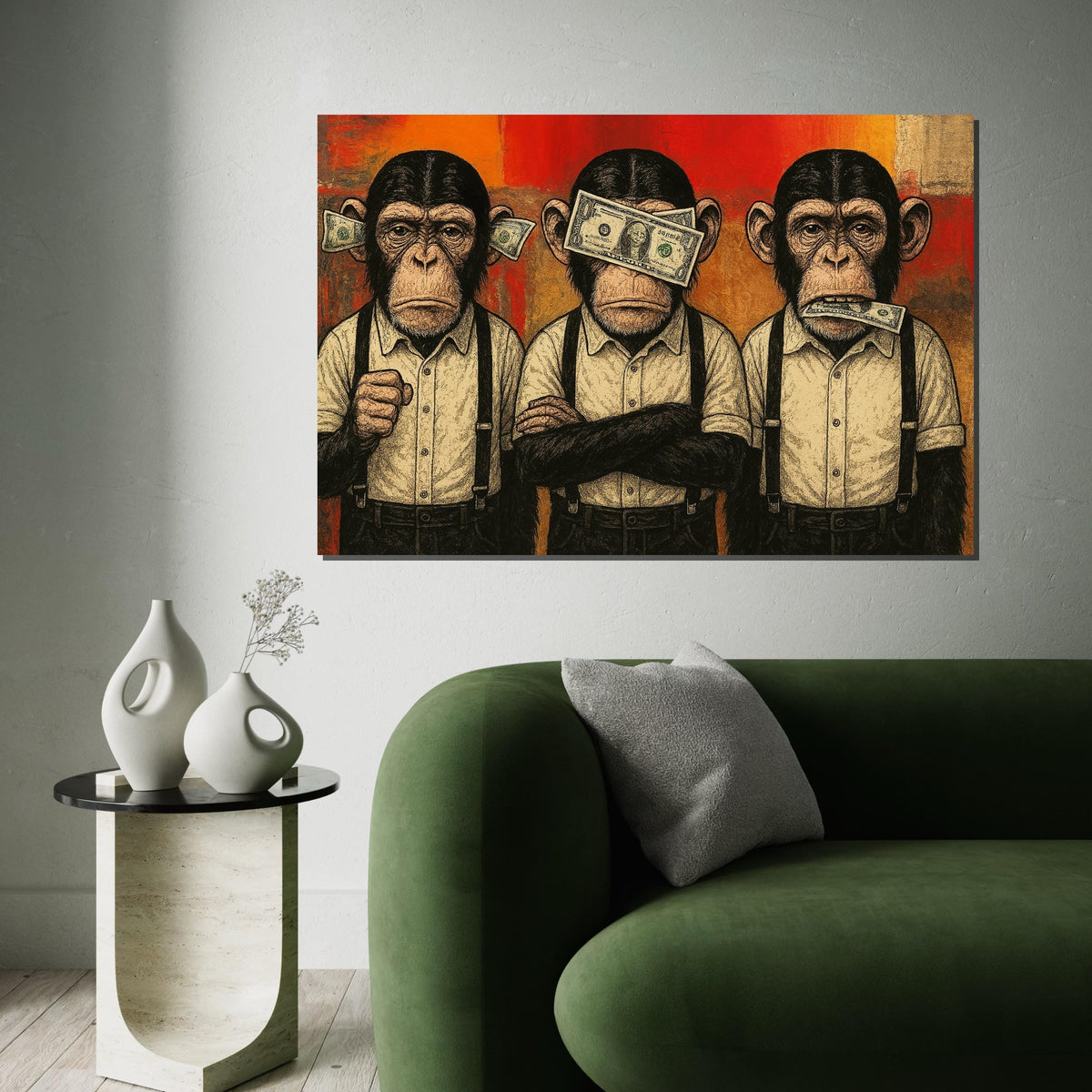 Three Wise Monkeys Canvas, Money Art, Monkey Wall Art, Pop Art Canvas, Wall Art Canvas Design, Ready to Hang Decoration
