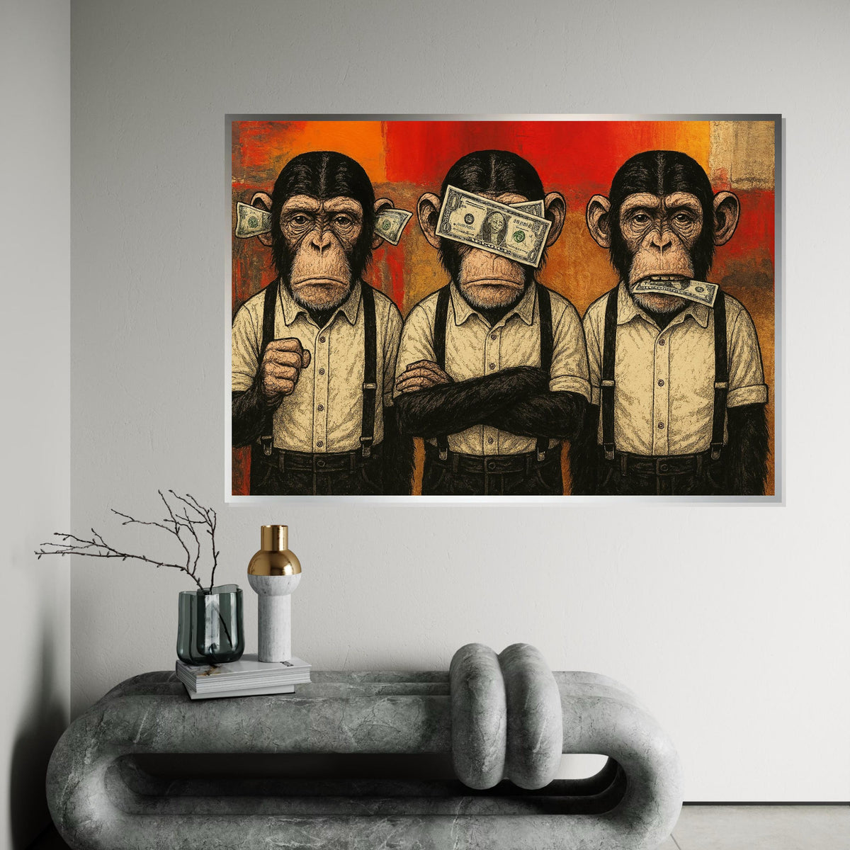 Three Wise Monkeys Canvas, Money Art, Monkey Wall Art, Pop Art Canvas, Wall Art Canvas Design, Ready to Hang Decoration
