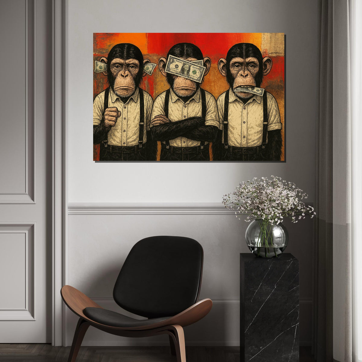 Three Wise Monkeys Canvas, Money Art, Monkey Wall Art, Pop Art Canvas, Wall Art Canvas Design, Ready to Hang Decoration
