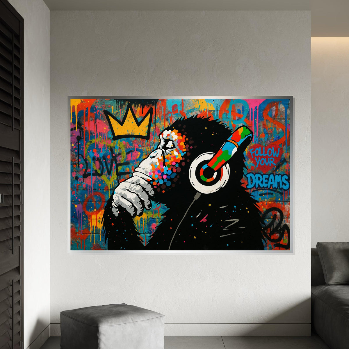 Graffiti Ape Canvas, Colorful Headphones Wall Art, Inspirational Monkey Poster, Wall Art Canvas Design, Ready To Hang Decoration