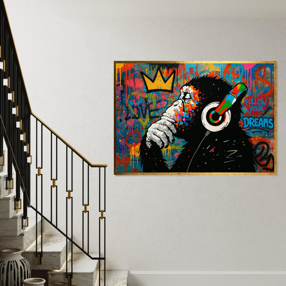Graffiti Ape Canvas, Colorful Headphones Wall Art, Inspirational Monkey Poster, Wall Art Canvas Design, Ready To Hang Decoration