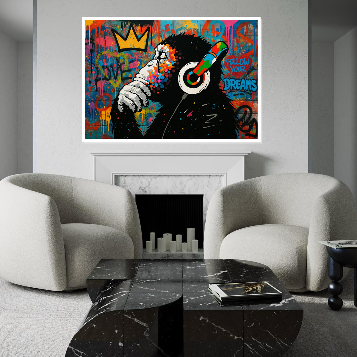 Graffiti Ape Canvas, Colorful Headphones Wall Art, Inspirational Monkey Poster, Wall Art Canvas Design, Ready To Hang Decoration