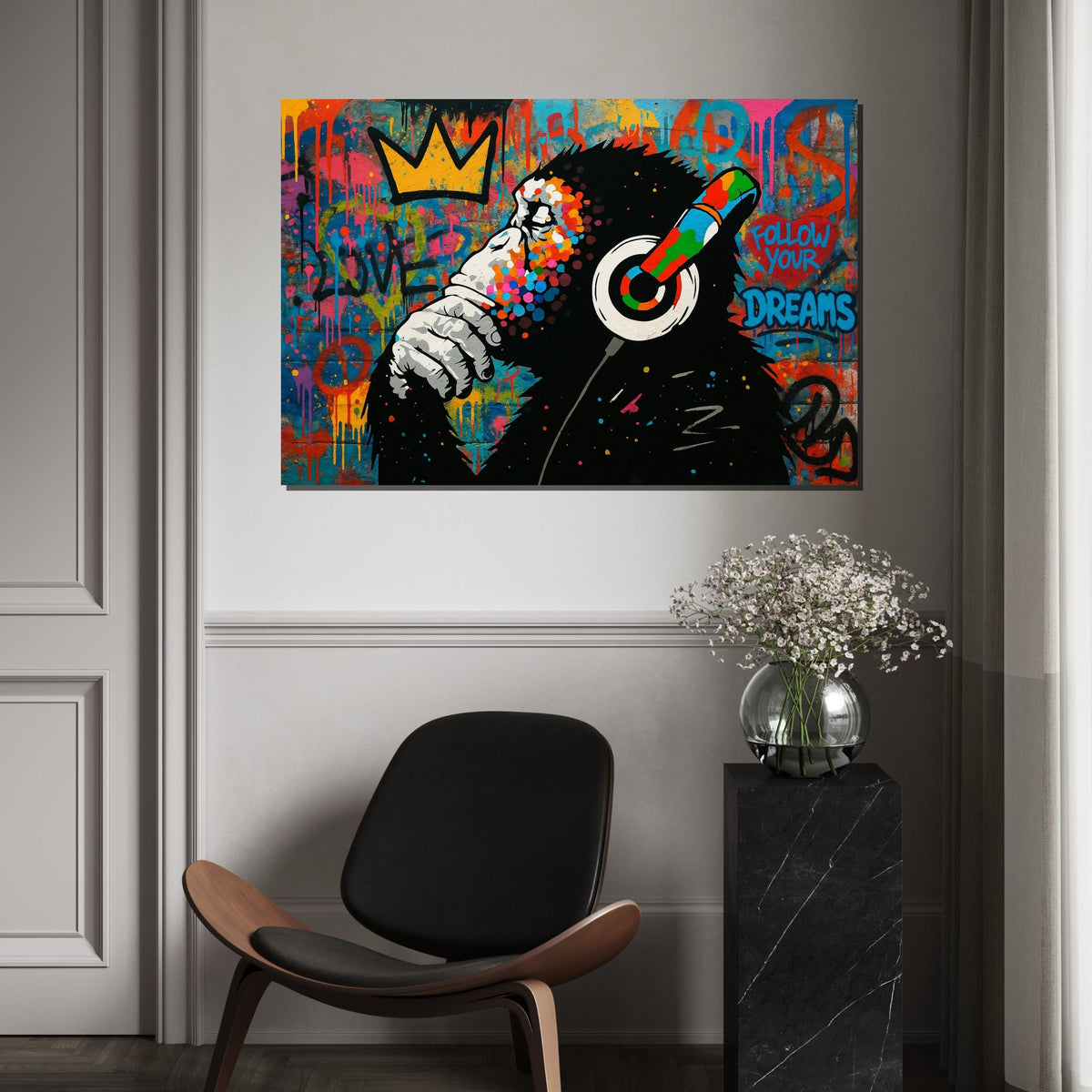 Graffiti Ape Canvas, Colorful Headphones Wall Art, Inspirational Monkey Poster, Wall Art Canvas Design, Ready To Hang Decoration
