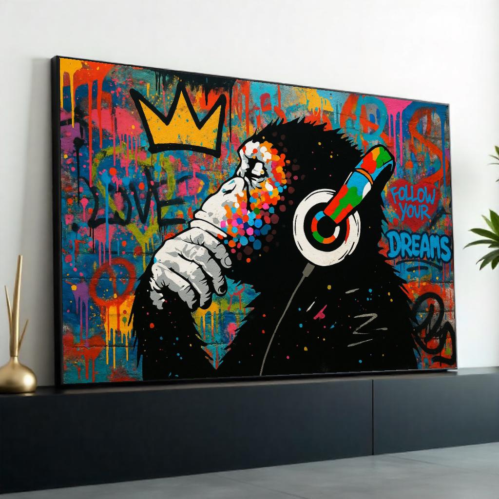 Graffiti Ape Canvas, Colorful Headphones Wall Art, Inspirational Monkey Poster, Wall Art Canvas Design, Ready To Hang Decoration