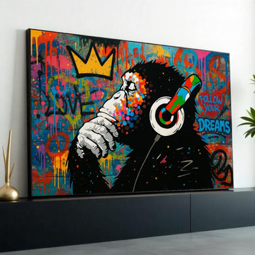 Graffiti Ape Canvas, Colorful Headphones Wall Art, Inspirational Monkey Poster, Wall Art Canvas Design, Ready To Hang Decoration