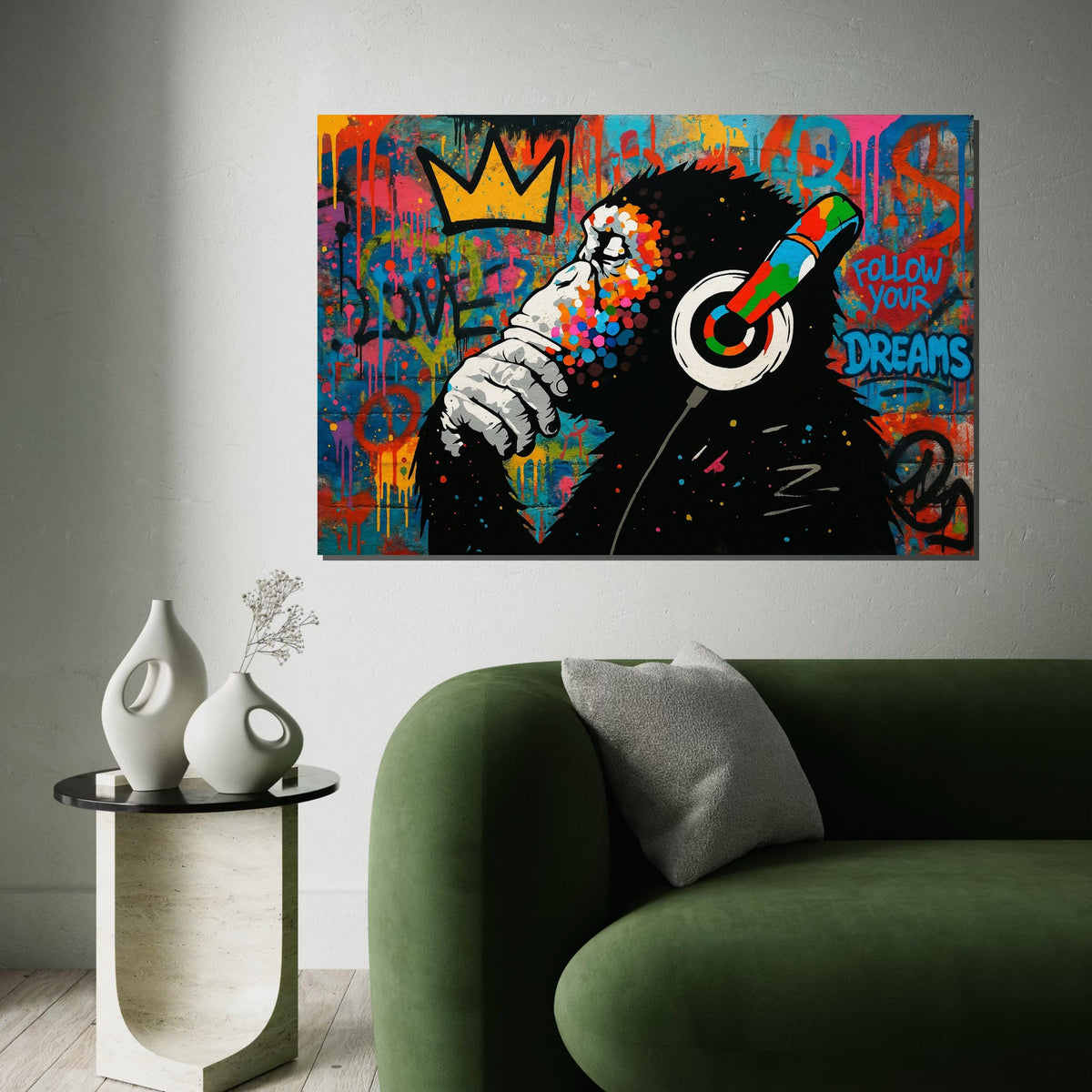 Graffiti Ape Canvas, Colorful Headphones Wall Art, Inspirational Monkey Poster, Wall Art Canvas Design, Ready To Hang Decoration