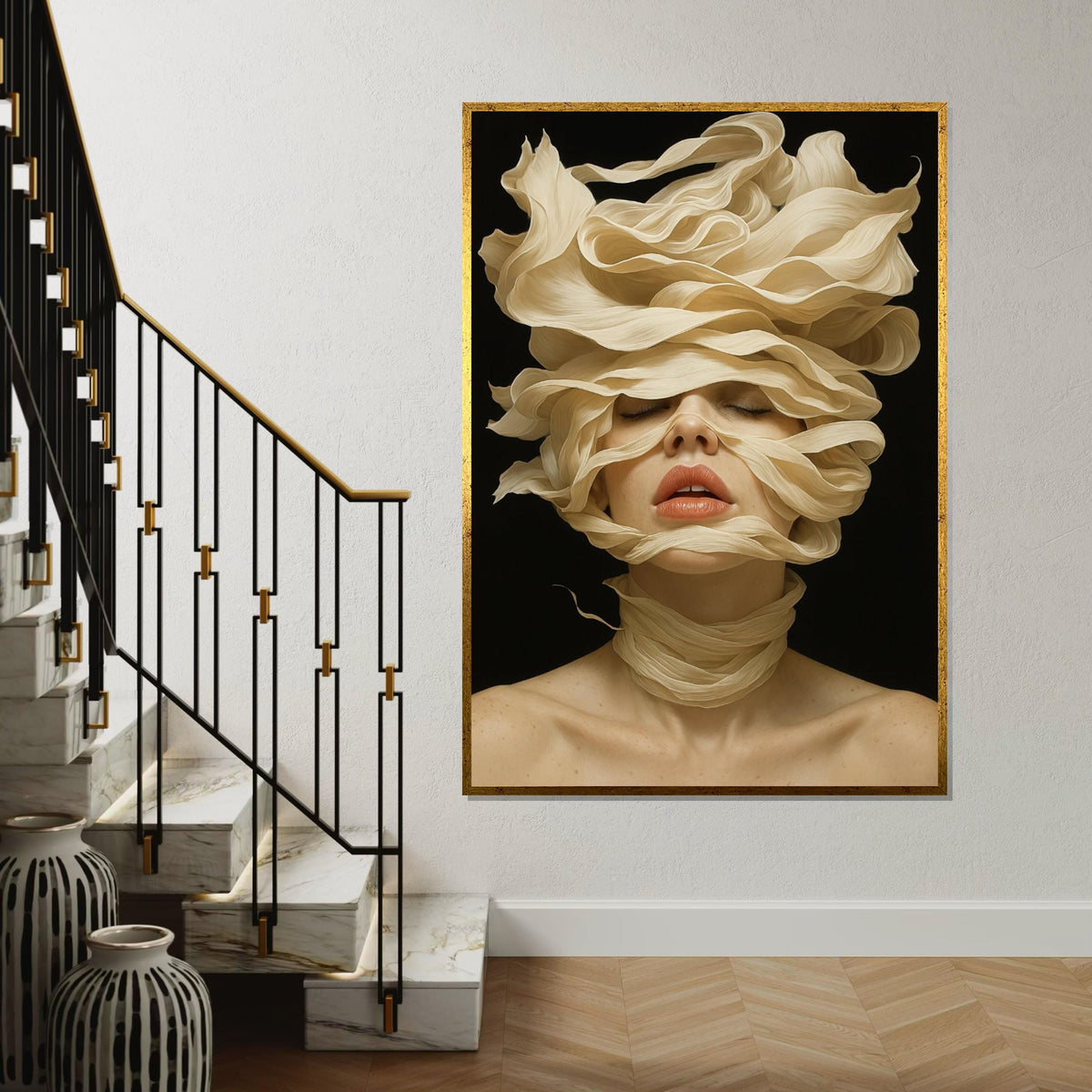 Serene Woman Canvas, Artistic Face Swirl Art, Flowing Hair Design, Modern Portrait Canvas, Wall Art Canvas Design, Ready to Hang