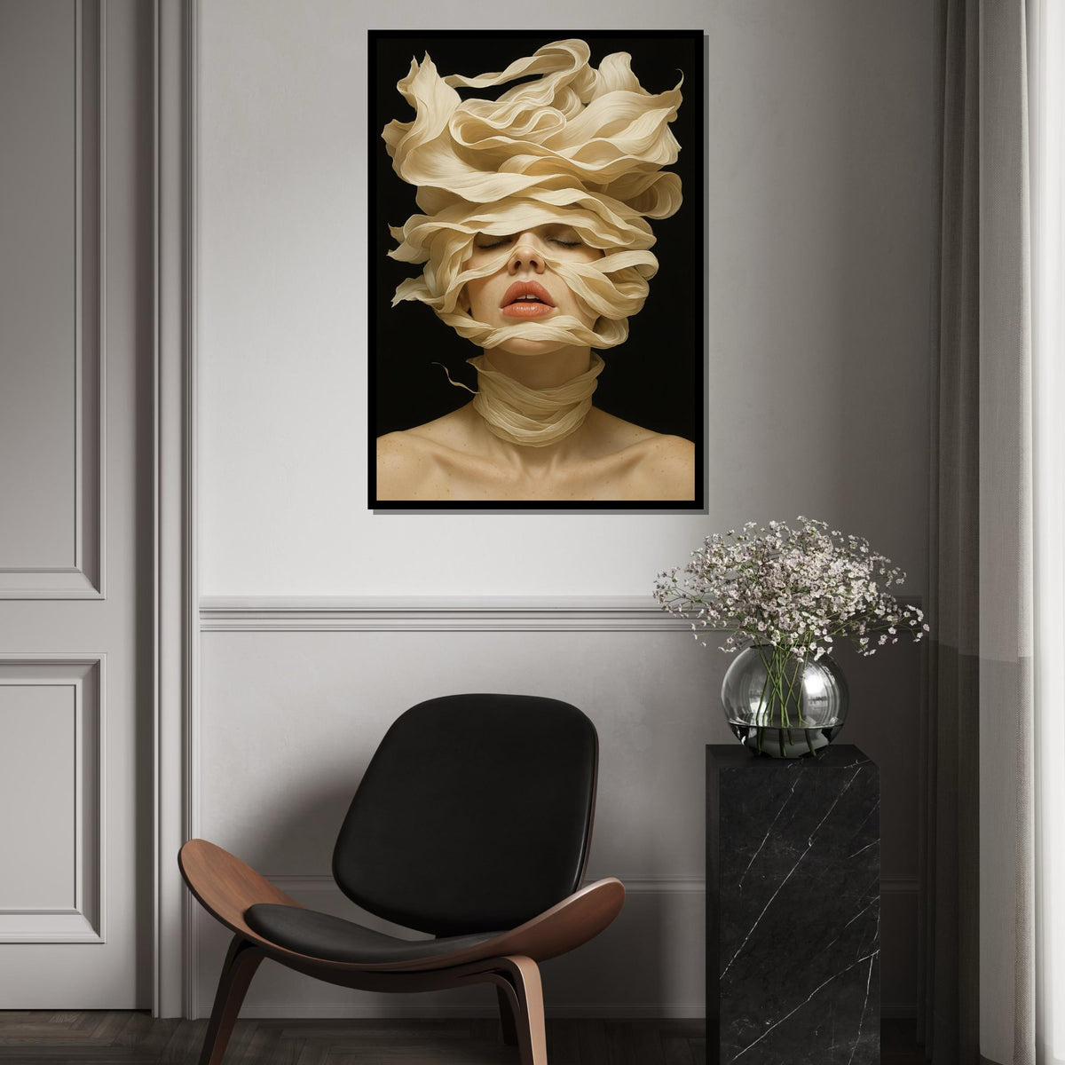 Serene Woman Canvas, Artistic Face Swirl Art, Flowing Hair Design, Modern Portrait Canvas, Wall Art Canvas Design, Ready to Hang