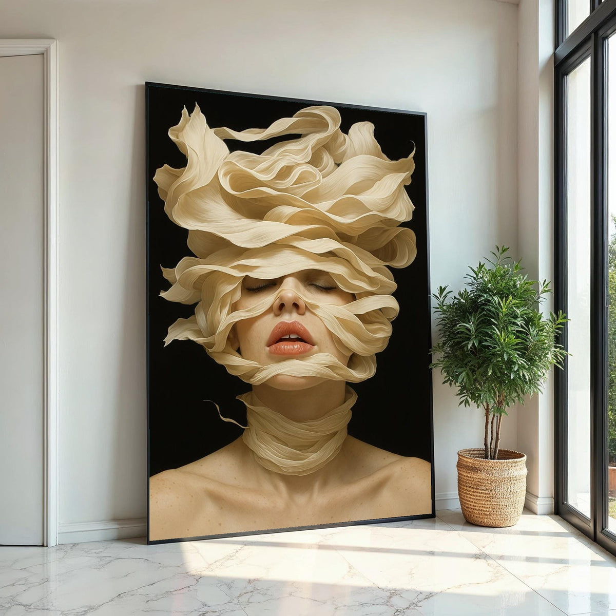 Serene Woman Canvas, Artistic Face Swirl Art, Flowing Hair Design, Modern Portrait Canvas, Wall Art Canvas Design, Ready to Hang