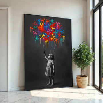 Colorful Symbols Girl Canvas, Graffiti Wall Art, Street Art Print, Banksy Inspired, Wall Art Canvas Design, Ready to Hang Decoration