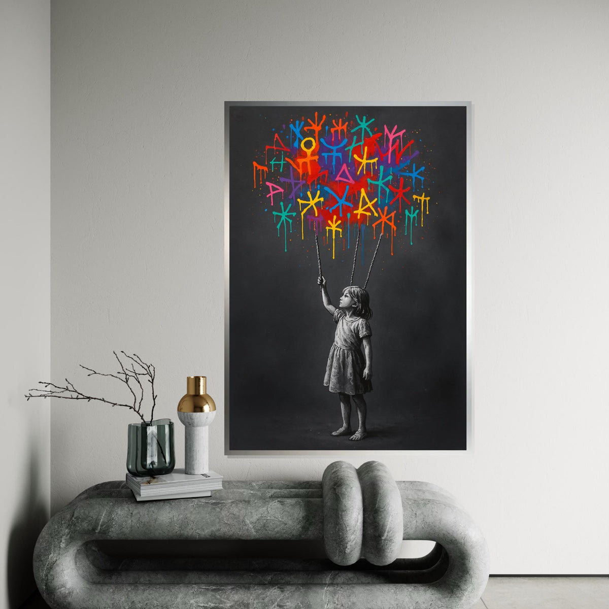 Colorful Symbols Girl Canvas, Graffiti Wall Art, Street Art Print, Banksy Inspired, Wall Art Canvas Design, Ready to Hang Decoration