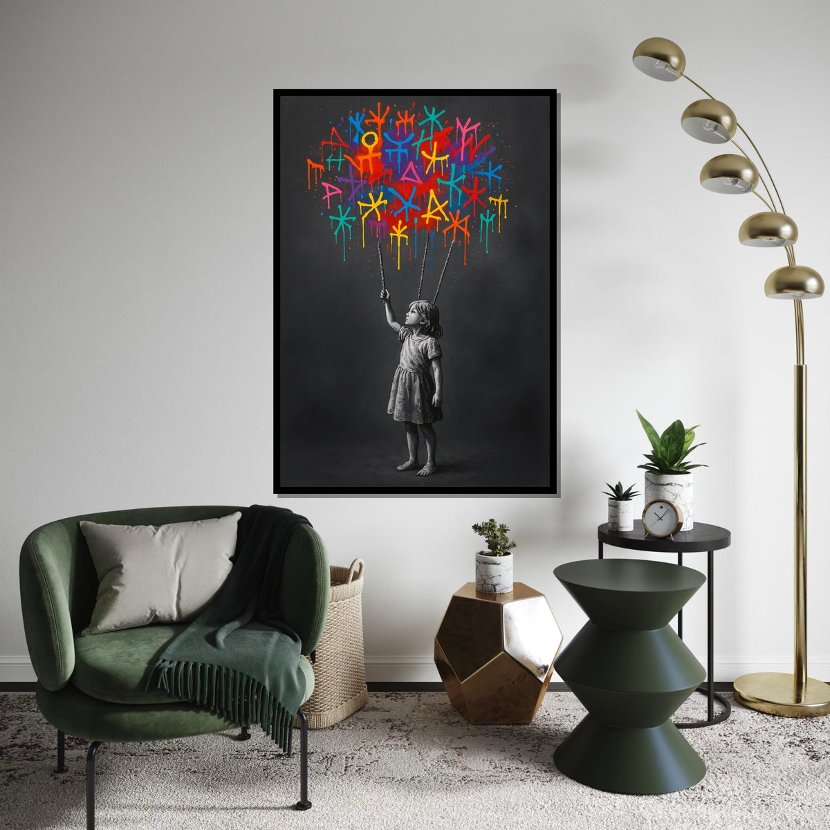 Colorful Symbols Girl Canvas, Graffiti Wall Art, Street Art Print, Banksy Inspired, Wall Art Canvas Design, Ready to Hang Decoration