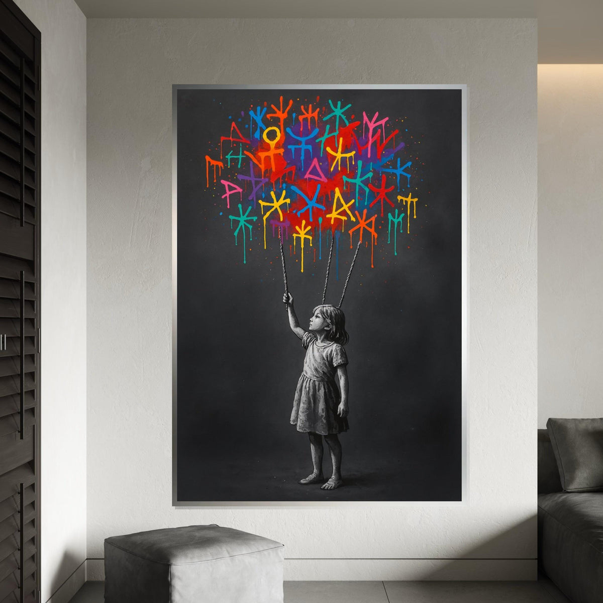 Colorful Symbols Girl Canvas, Graffiti Wall Art, Street Art Print, Banksy Inspired, Wall Art Canvas Design, Ready to Hang Decoration