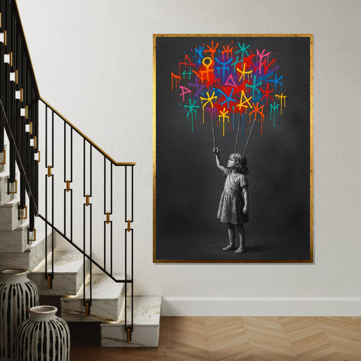 Colorful Symbols Girl Canvas, Graffiti Wall Art, Street Art Print, Banksy Inspired, Wall Art Canvas Design, Ready to Hang Decoration