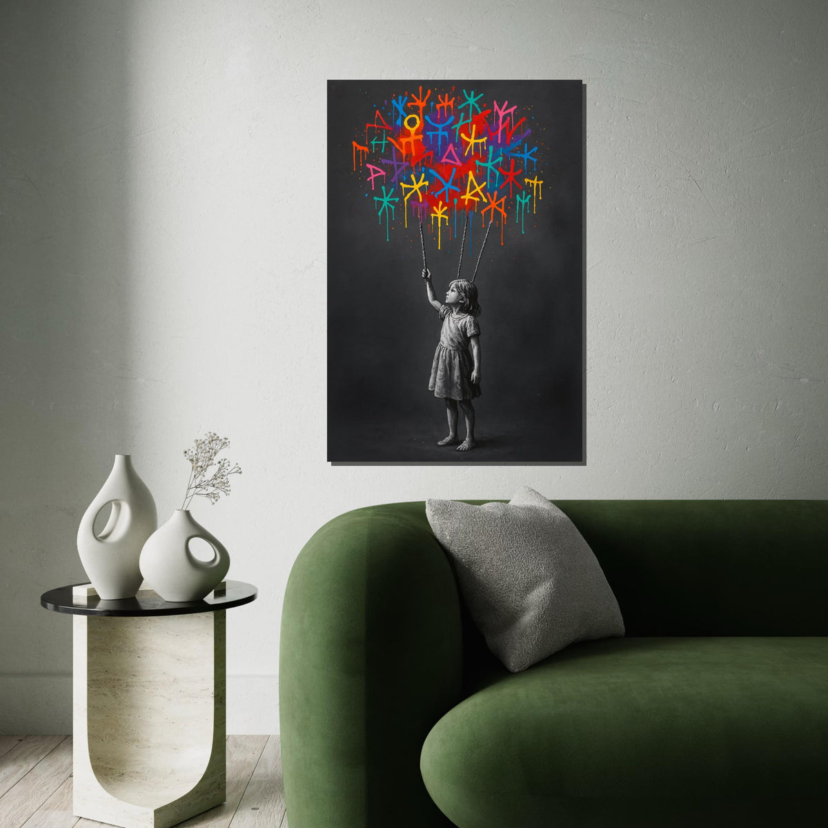 Colorful Symbols Girl Canvas, Graffiti Wall Art, Street Art Print, Banksy Inspired, Wall Art Canvas Design, Ready to Hang Decoration