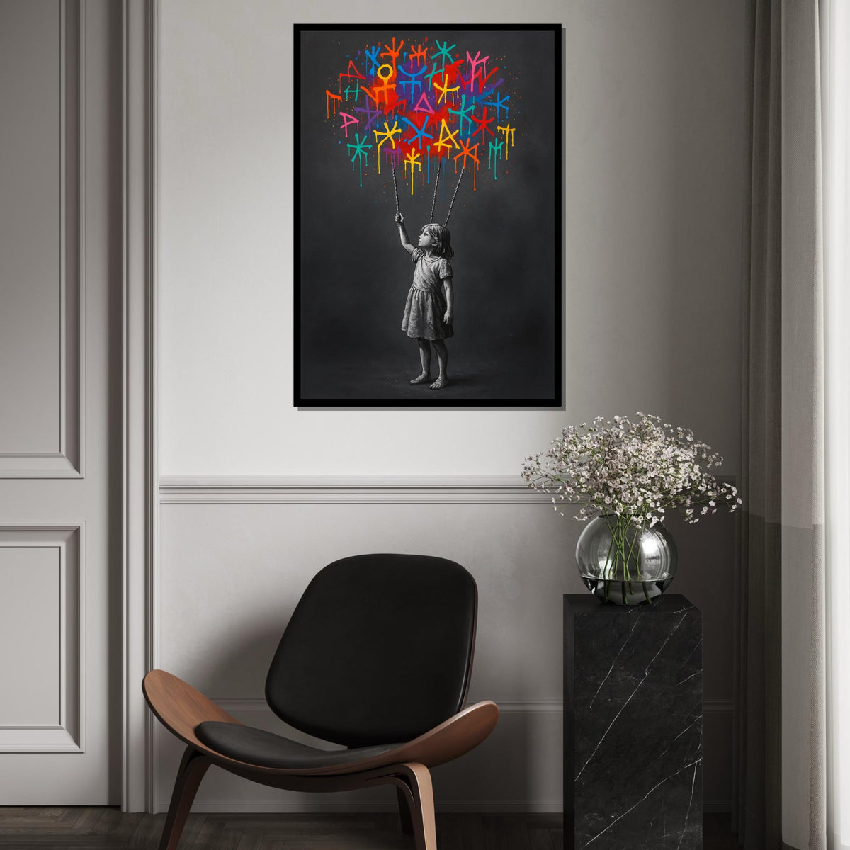 Colorful Symbols Girl Canvas, Graffiti Wall Art, Street Art Print, Banksy Inspired, Wall Art Canvas Design, Ready to Hang Decoration