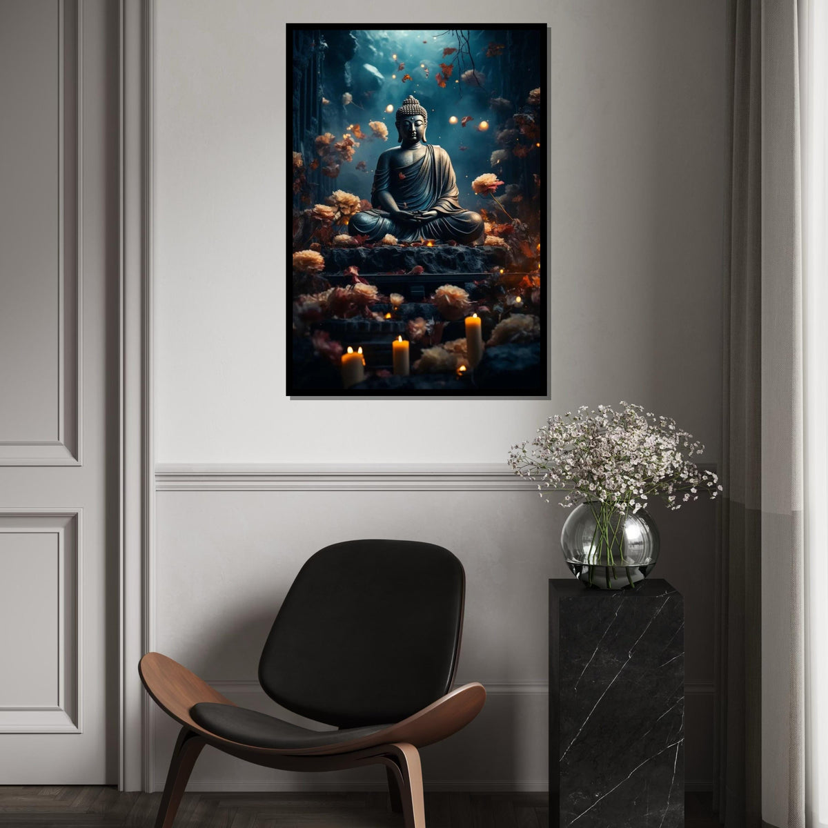 Serenity Buddha Canvas, Meditative Statue Wall Art, Zen Decor, Floral Meditation Art, Peaceful Home Decor, Ready To Hang Canvas