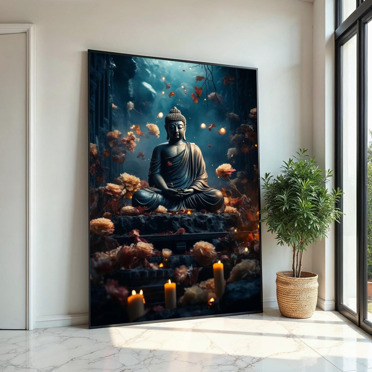 Serenity Buddha Canvas, Meditative Statue Wall Art, Zen Decor, Floral Meditation Art, Peaceful Home Decor, Ready To Hang Canvas