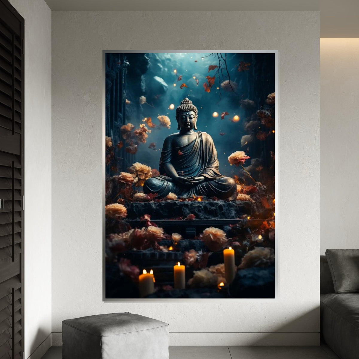 Serenity Buddha Canvas, Meditative Statue Wall Art, Zen Decor, Floral Meditation Art, Peaceful Home Decor, Ready To Hang Canvas