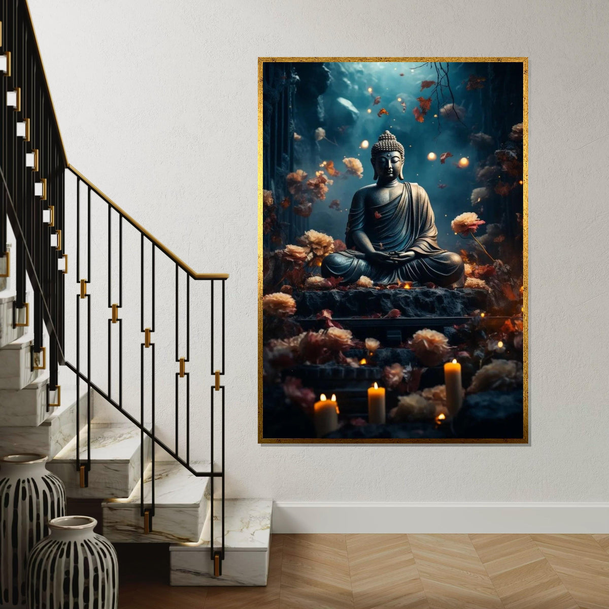Serenity Buddha Canvas, Meditative Statue Wall Art, Zen Decor, Floral Meditation Art, Peaceful Home Decor, Ready To Hang Canvas