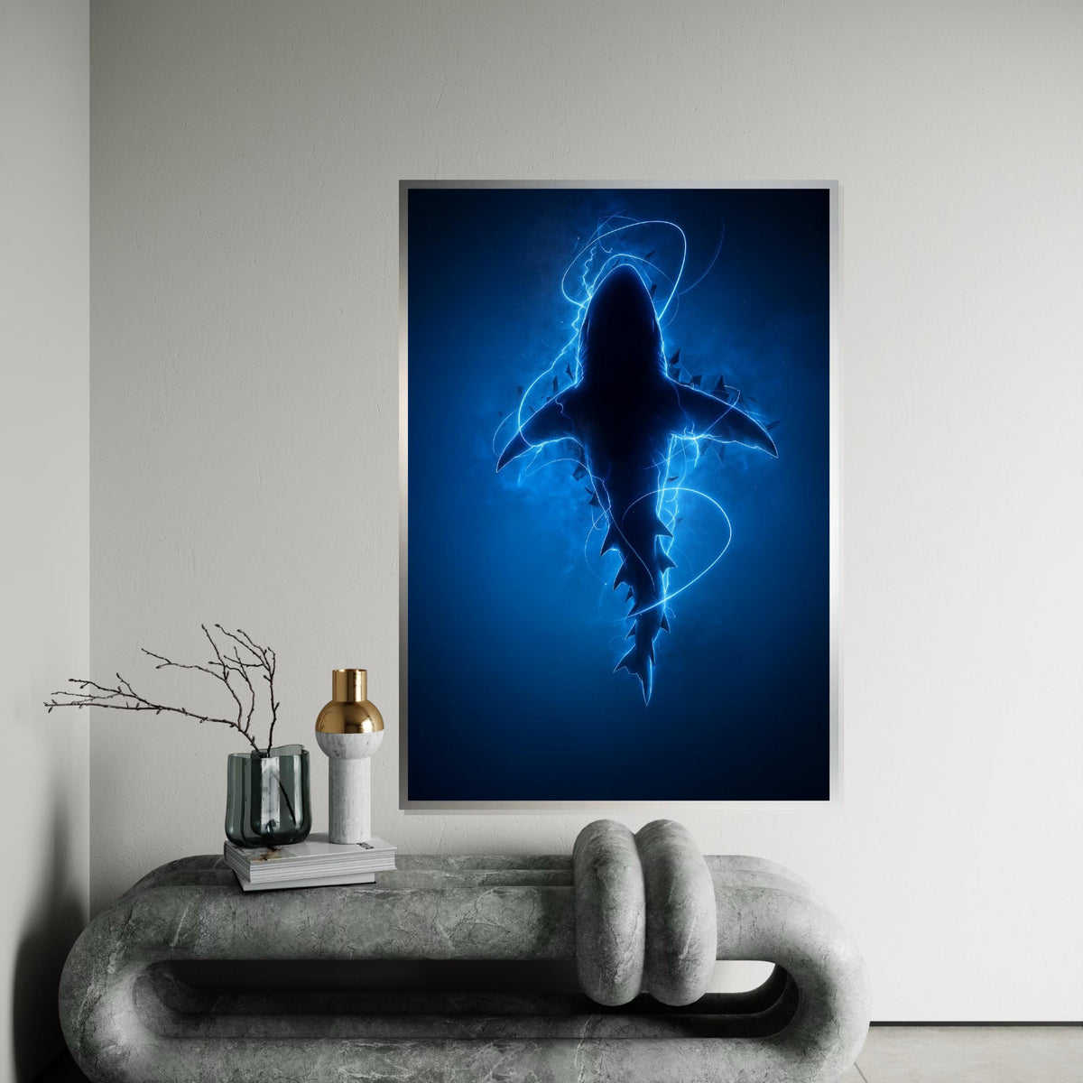 Electric Blue Shark Canvas, Shark Wall Art, Ocean Predator Art, Wall Art Canvas Design, Ready to Hang Decoration, Electric Ocean Print