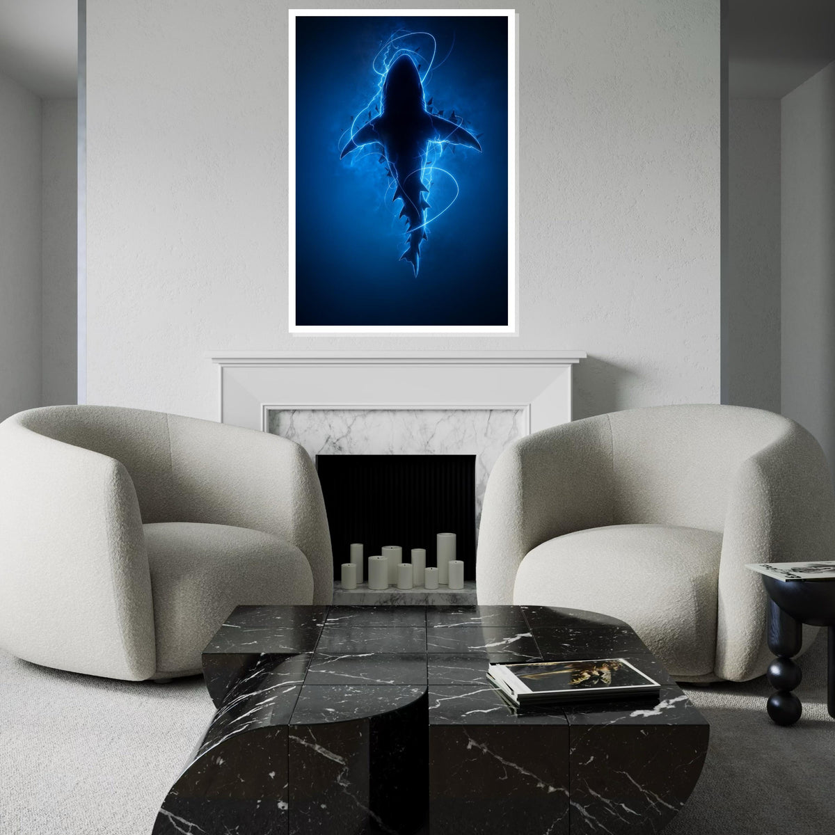 Electric Blue Shark Canvas, Shark Wall Art, Ocean Predator Art, Wall Art Canvas Design, Ready to Hang Decoration, Electric Ocean Print