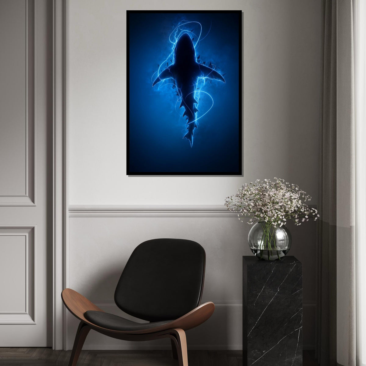Electric Blue Shark Canvas, Shark Wall Art, Ocean Predator Art, Wall Art Canvas Design, Ready to Hang Decoration, Electric Ocean Print