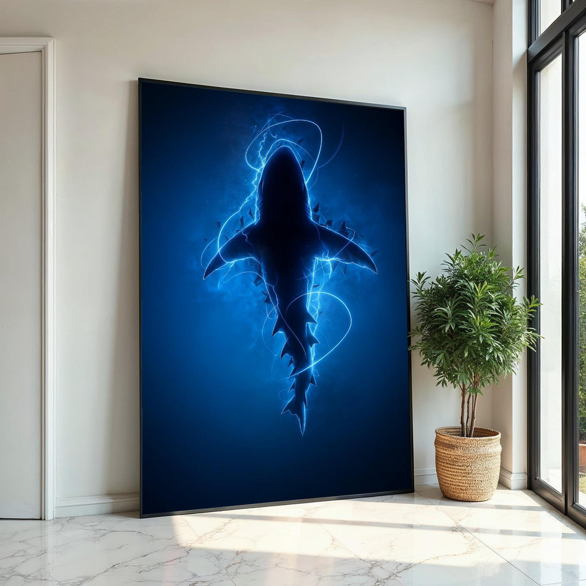 Electric Blue Shark Canvas, Shark Wall Art, Ocean Predator Art, Wall Art Canvas Design, Ready to Hang Decoration, Electric Ocean Print