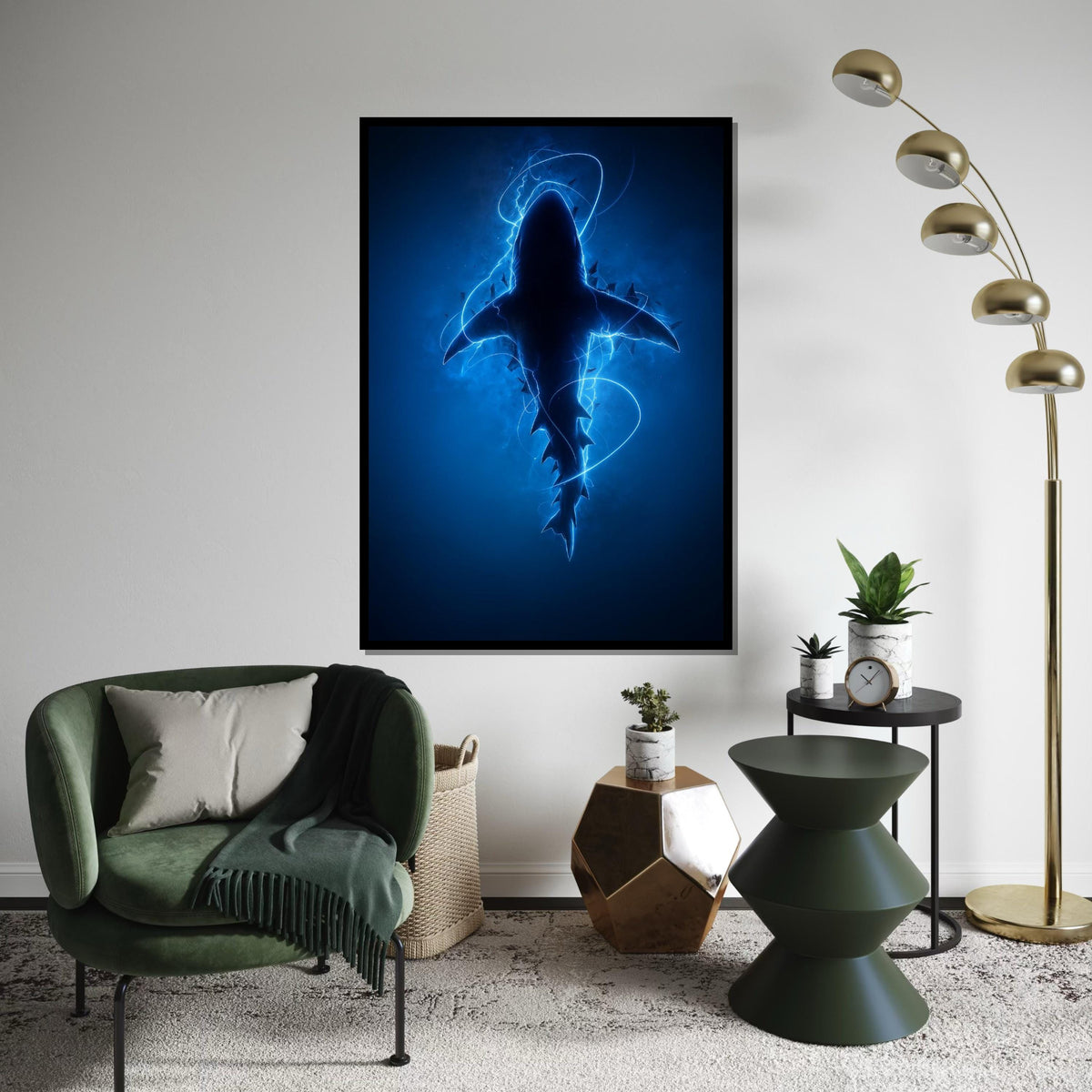 Electric Blue Shark Canvas, Shark Wall Art, Ocean Predator Art, Wall Art Canvas Design, Ready to Hang Decoration, Electric Ocean Print