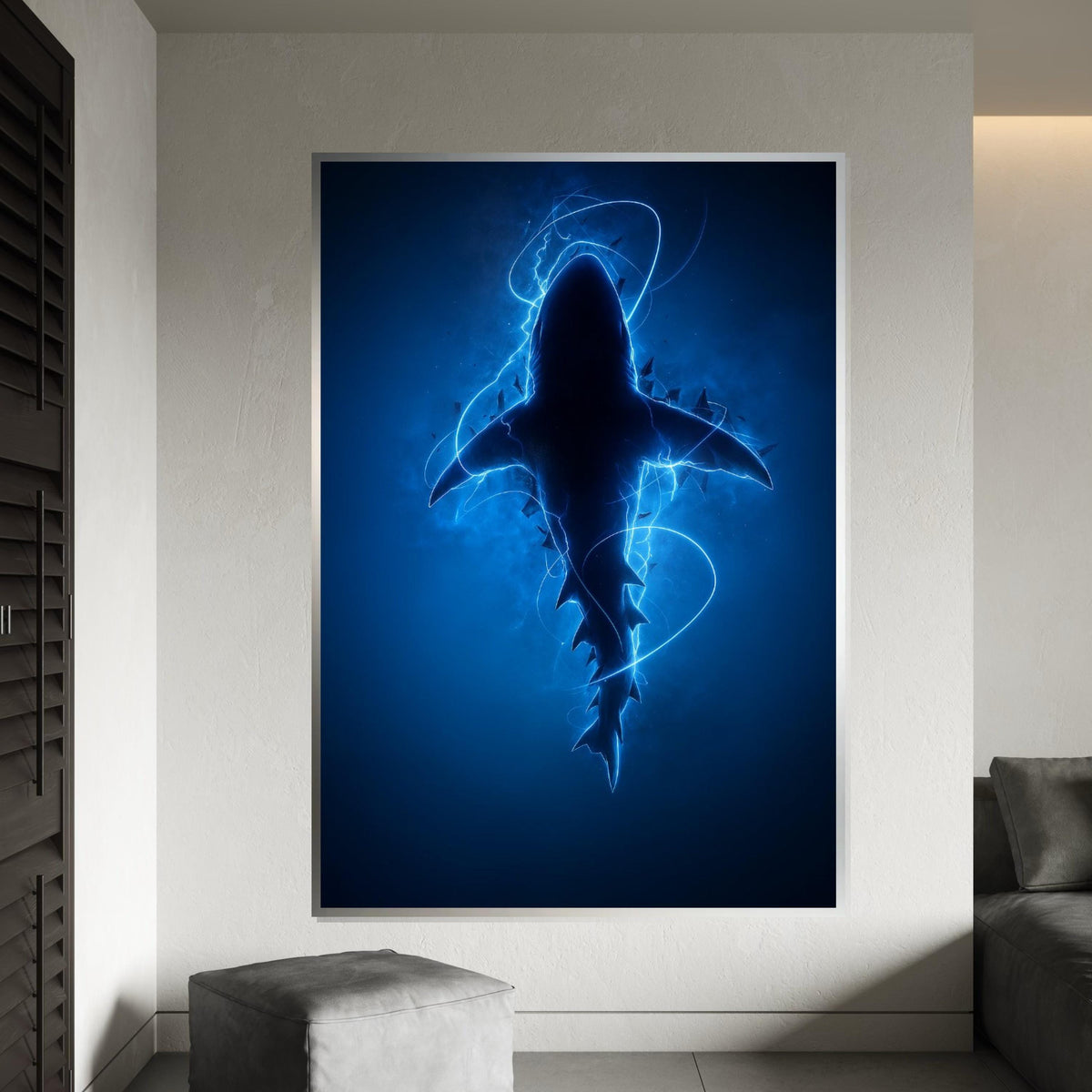 Electric Blue Shark Canvas, Shark Wall Art, Ocean Predator Art, Wall Art Canvas Design, Ready to Hang Decoration, Electric Ocean Print