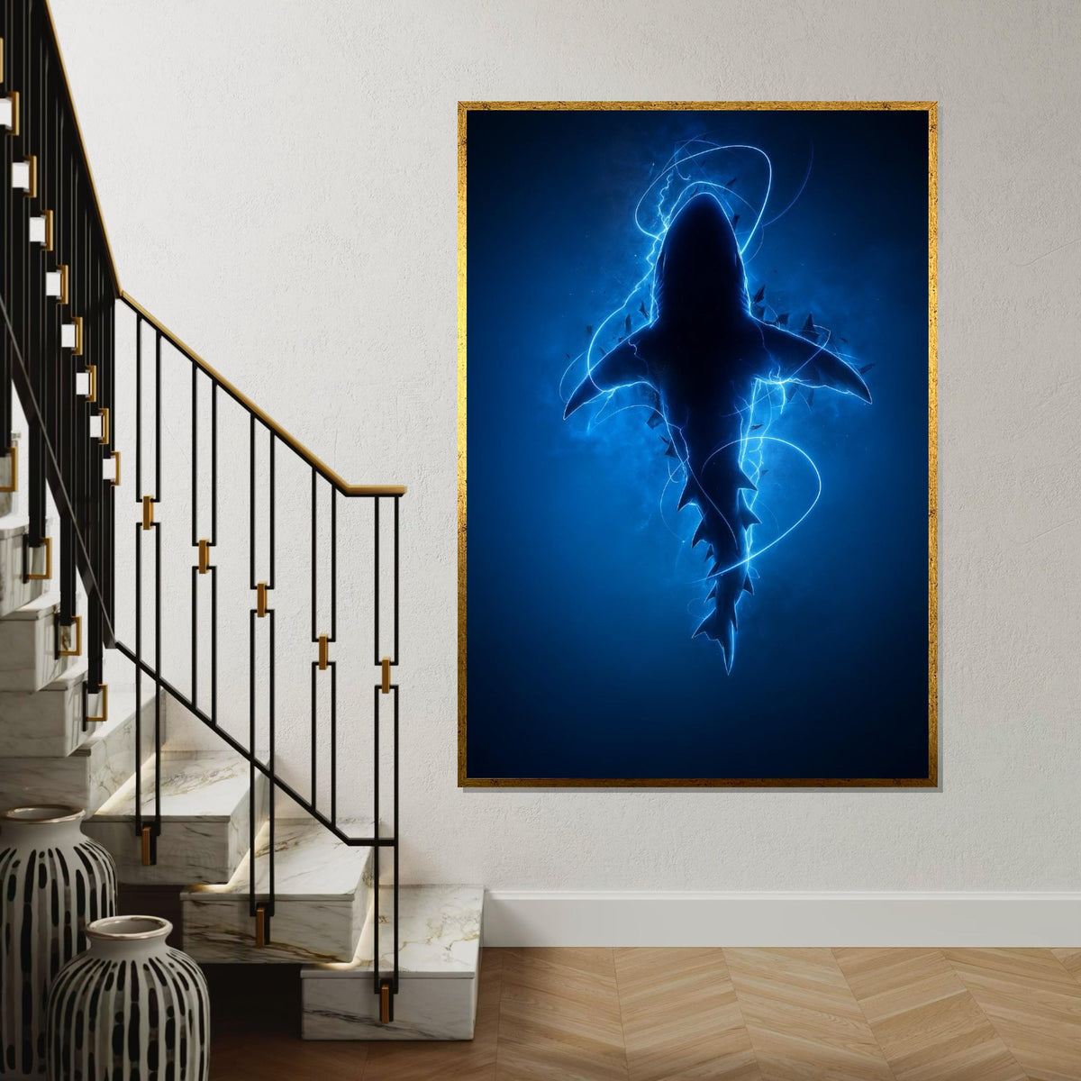 Electric Blue Shark Canvas, Shark Wall Art, Ocean Predator Art, Wall Art Canvas Design, Ready to Hang Decoration, Electric Ocean Print