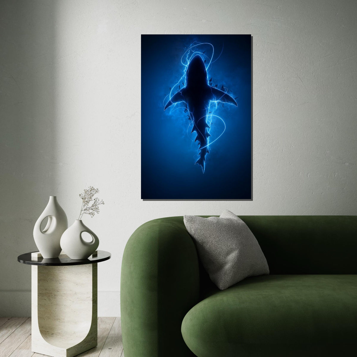 Electric Blue Shark Canvas, Shark Wall Art, Ocean Predator Art, Wall Art Canvas Design, Ready to Hang Decoration, Electric Ocean Print