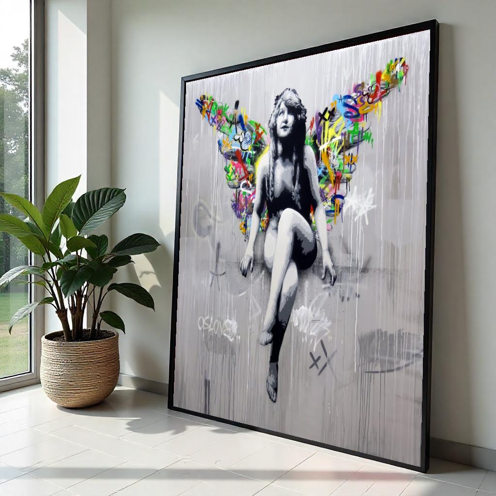 Graffiti Angel Canvas, Colorful Wings Wall Art, Street Art Design, Urban Angel Poster, Wall Art Canvas, Ready To Hang Decoration