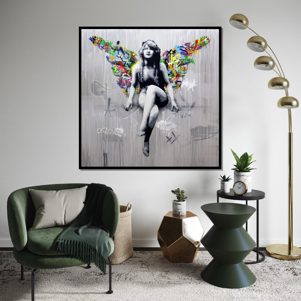 Graffiti Angel Canvas, Colorful Wings Wall Art, Street Art Design, Urban Angel Poster, Wall Art Canvas, Ready To Hang Decoration