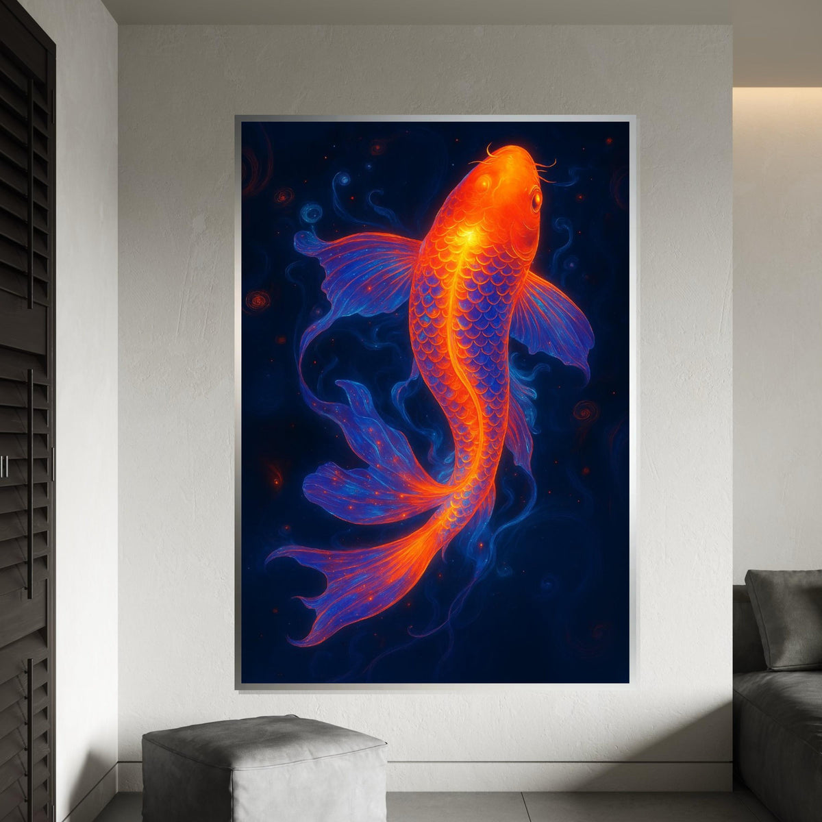 Vivid Neon Koi Canvas, Colorful Fish Art, Koi Fish Poster, Wall Art Canvas Design, Ready To Hang Decoration, Underwater Fantasy