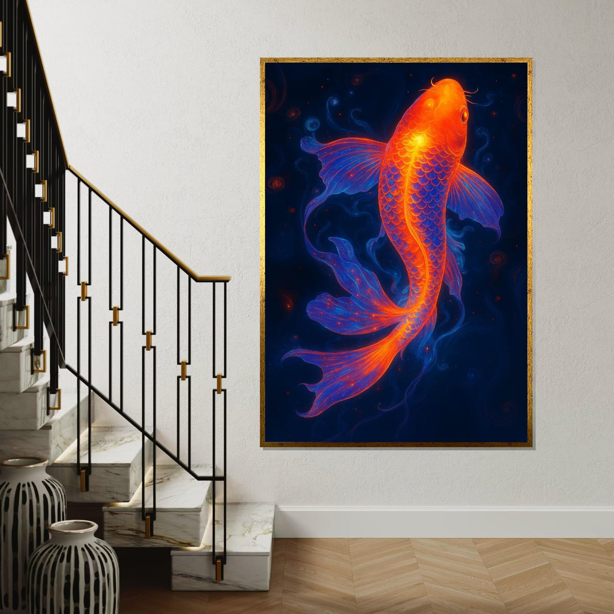 Vivid Neon Koi Canvas, Colorful Fish Art, Koi Fish Poster, Wall Art Canvas Design, Ready To Hang Decoration, Underwater Fantasy