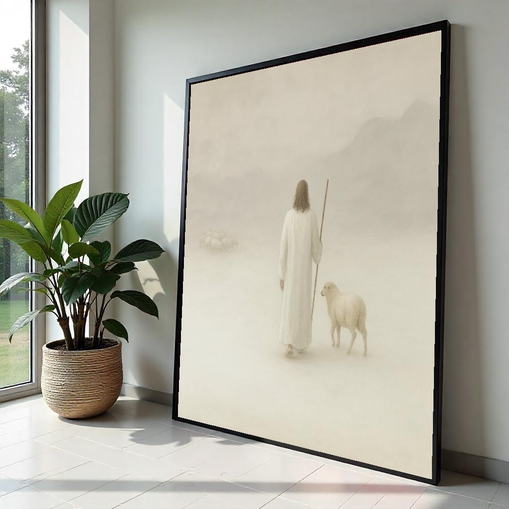 Shepherd with Sheep Canvas, Pastoral Wall Art, Tranquil Shepherd Scene, Spiritual Canvas Art, Ready to Hang Home Decoration
