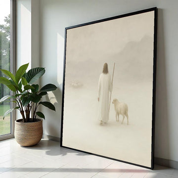Shepherd with Sheep Canvas, Pastoral Wall Art, Tranquil Shepherd Scene, Spiritual Canvas Art, Ready to Hang Home Decoration