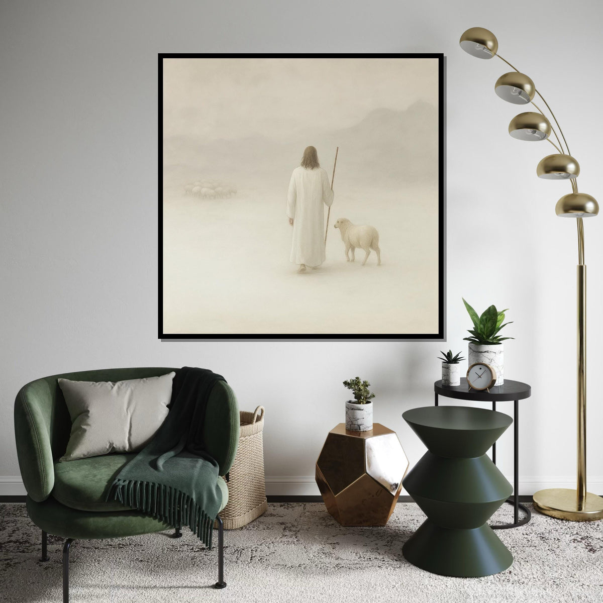 Shepherd with Sheep Canvas, Pastoral Wall Art, Tranquil Shepherd Scene, Spiritual Canvas Art, Ready to Hang Home Decoration