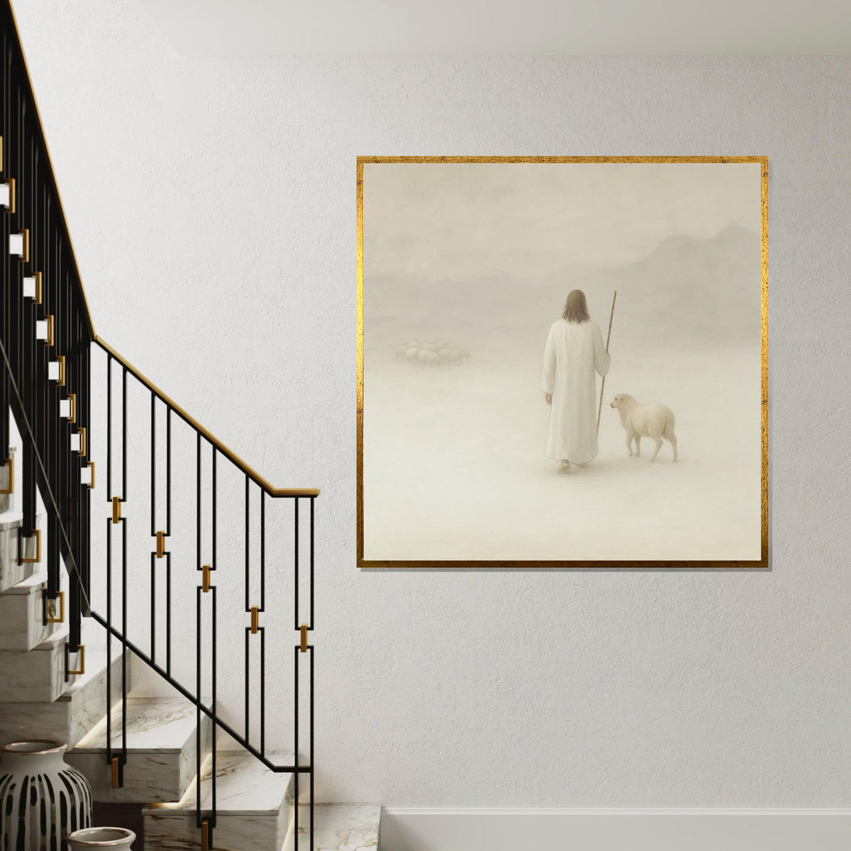 Shepherd with Sheep Canvas, Pastoral Wall Art, Tranquil Shepherd Scene, Spiritual Canvas Art, Ready to Hang Home Decoration
