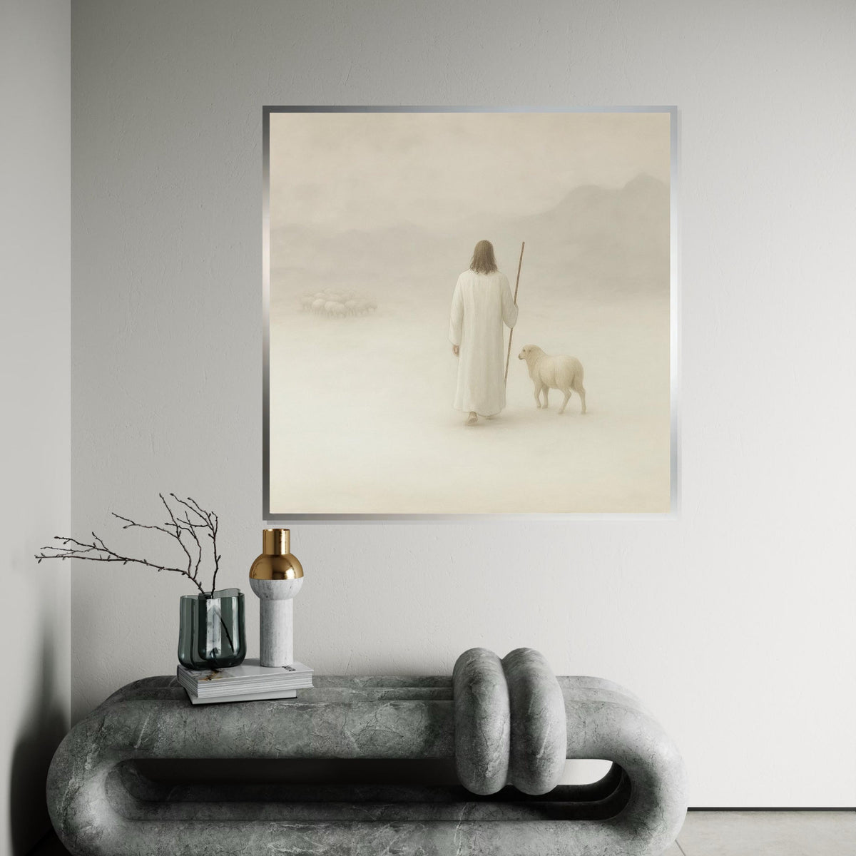 Shepherd with Sheep Canvas, Pastoral Wall Art, Tranquil Shepherd Scene, Spiritual Canvas Art, Ready to Hang Home Decoration