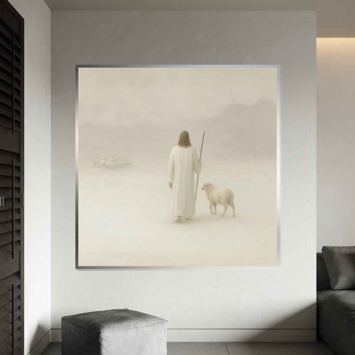 Shepherd with Sheep Canvas, Pastoral Wall Art, Tranquil Shepherd Scene, Spiritual Canvas Art, Ready to Hang Home Decoration