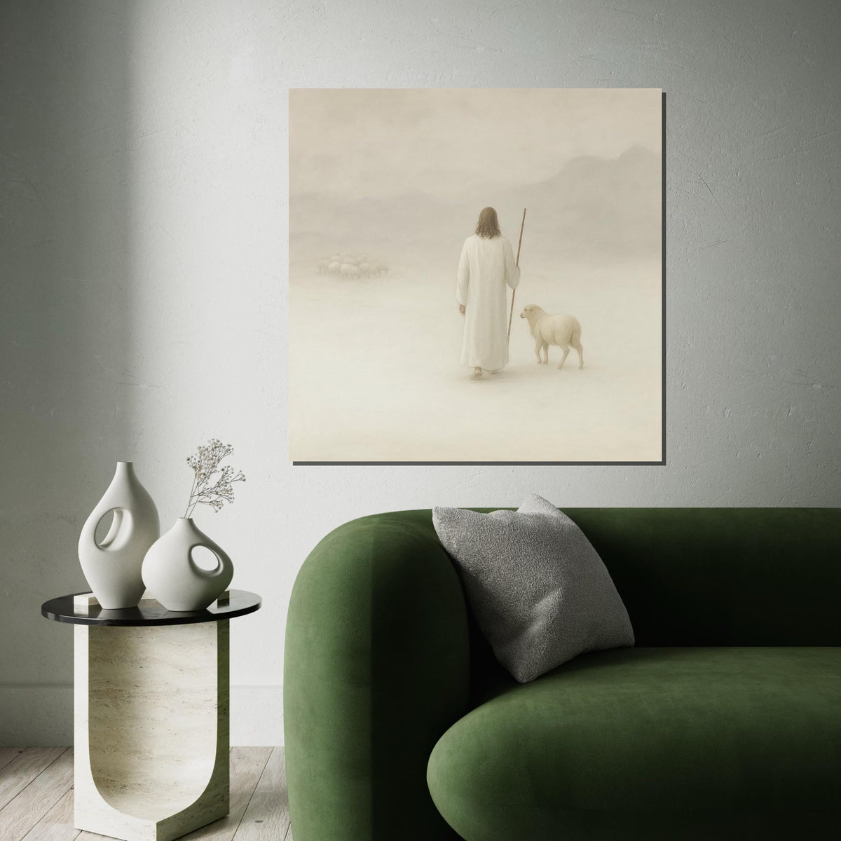 Shepherd with Sheep Canvas, Pastoral Wall Art, Tranquil Shepherd Scene, Spiritual Canvas Art, Ready to Hang Home Decoration