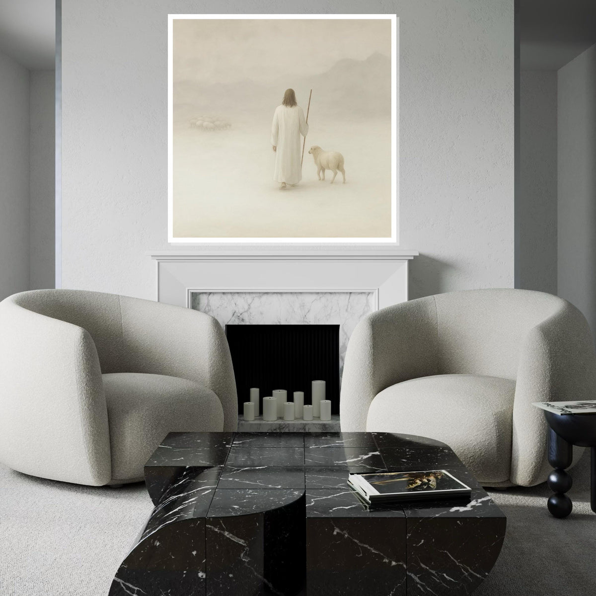 Shepherd with Sheep Canvas, Pastoral Wall Art, Tranquil Shepherd Scene, Spiritual Canvas Art, Ready to Hang Home Decoration