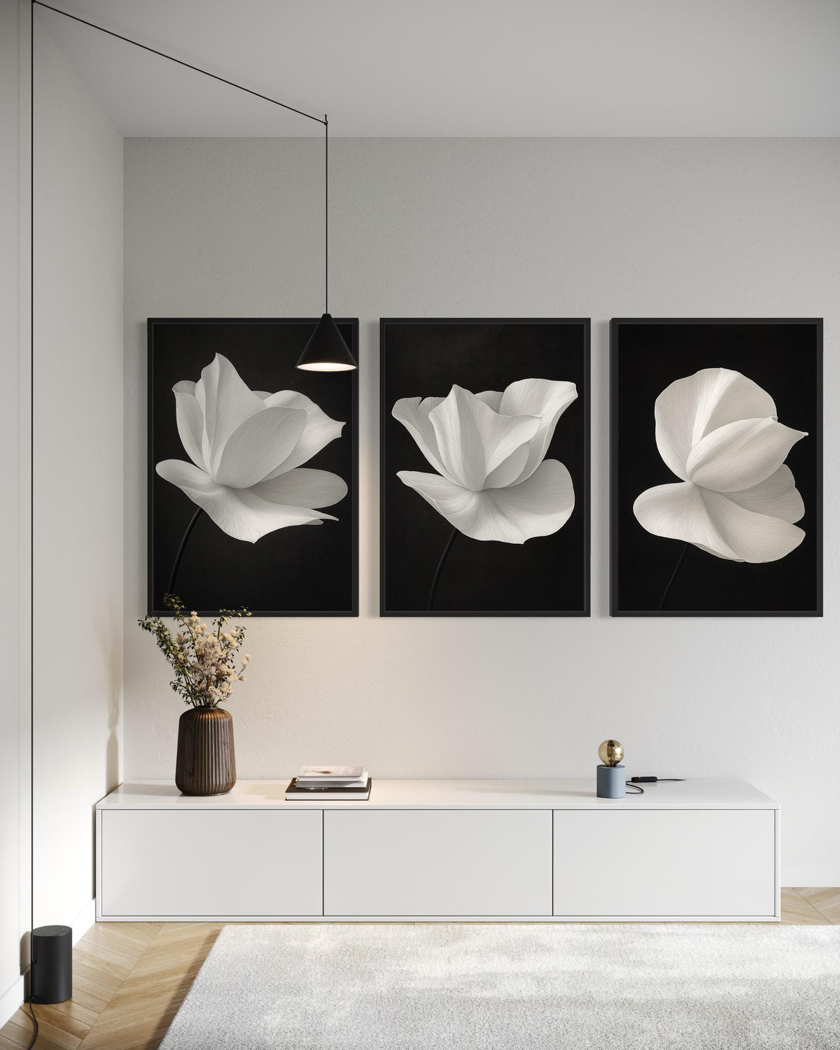 Minimalist White Flower Canvas Set,Black and White Floral Wall Art,Elegant Petal Prints,Monochrome Flower Canvas Trio Modern Botanical Decor