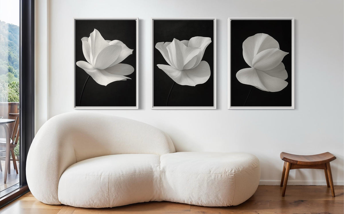 Minimalist White Flower Canvas Set,Black and White Floral Wall Art,Elegant Petal Prints,Monochrome Flower Canvas Trio Modern Botanical Decor