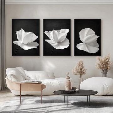 Minimalist White Flower Canvas Set,Black and White Floral Wall Art,Elegant Petal Prints,Monochrome Flower Canvas Trio Modern Botanical Decor