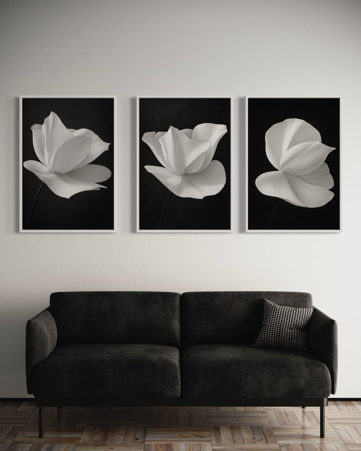 Minimalist White Flower Canvas Set,Black and White Floral Wall Art,Elegant Petal Prints,Monochrome Flower Canvas Trio Modern Botanical Decor