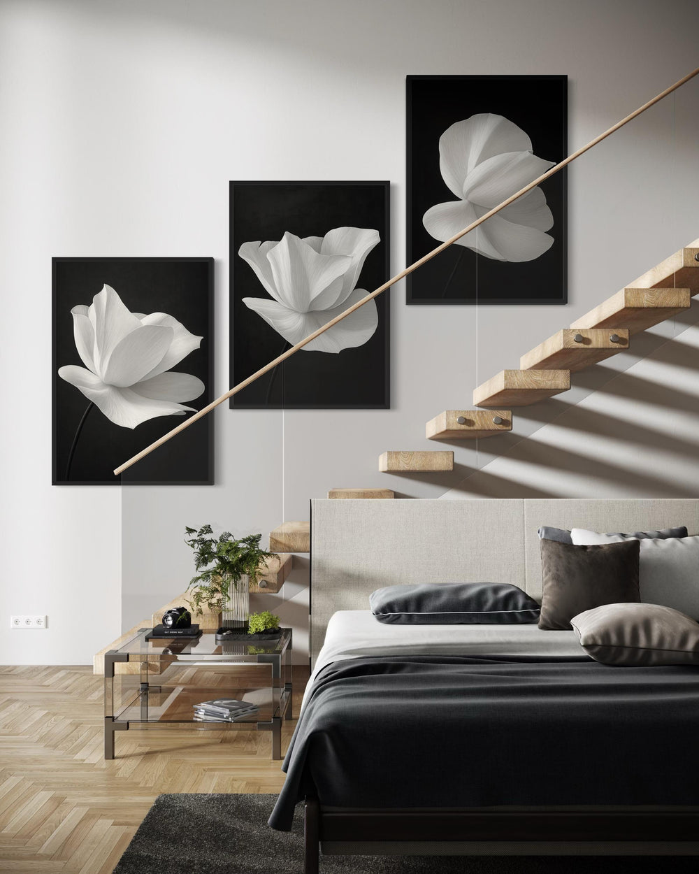 Minimalist White Flower Canvas Set,Black and White Floral Wall Art,Elegant Petal Prints,Monochrome Flower Canvas Trio Modern Botanical Decor